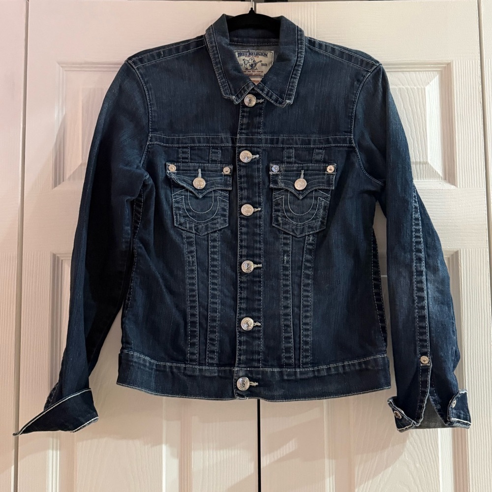 Y2K True Religion Trucker Jacket Dark Wash Stretch Denim Jean Coat Size L - Picture 4 of 7